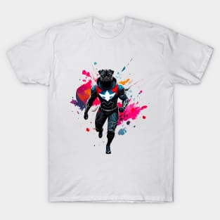 Confident and Commanding Pug in Black with Bold Red Metallic Superhero Suit T-Shirt